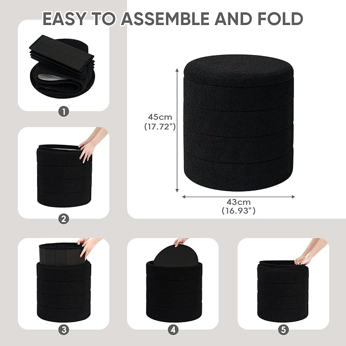 PINPLUS Round Storage Ottoman Foot Rest Stool with Tray Velvet Sherpa Folding Storage Ottoman,Boucle Foot Rest for Living Room, Bedroom, Dorm,Black Color