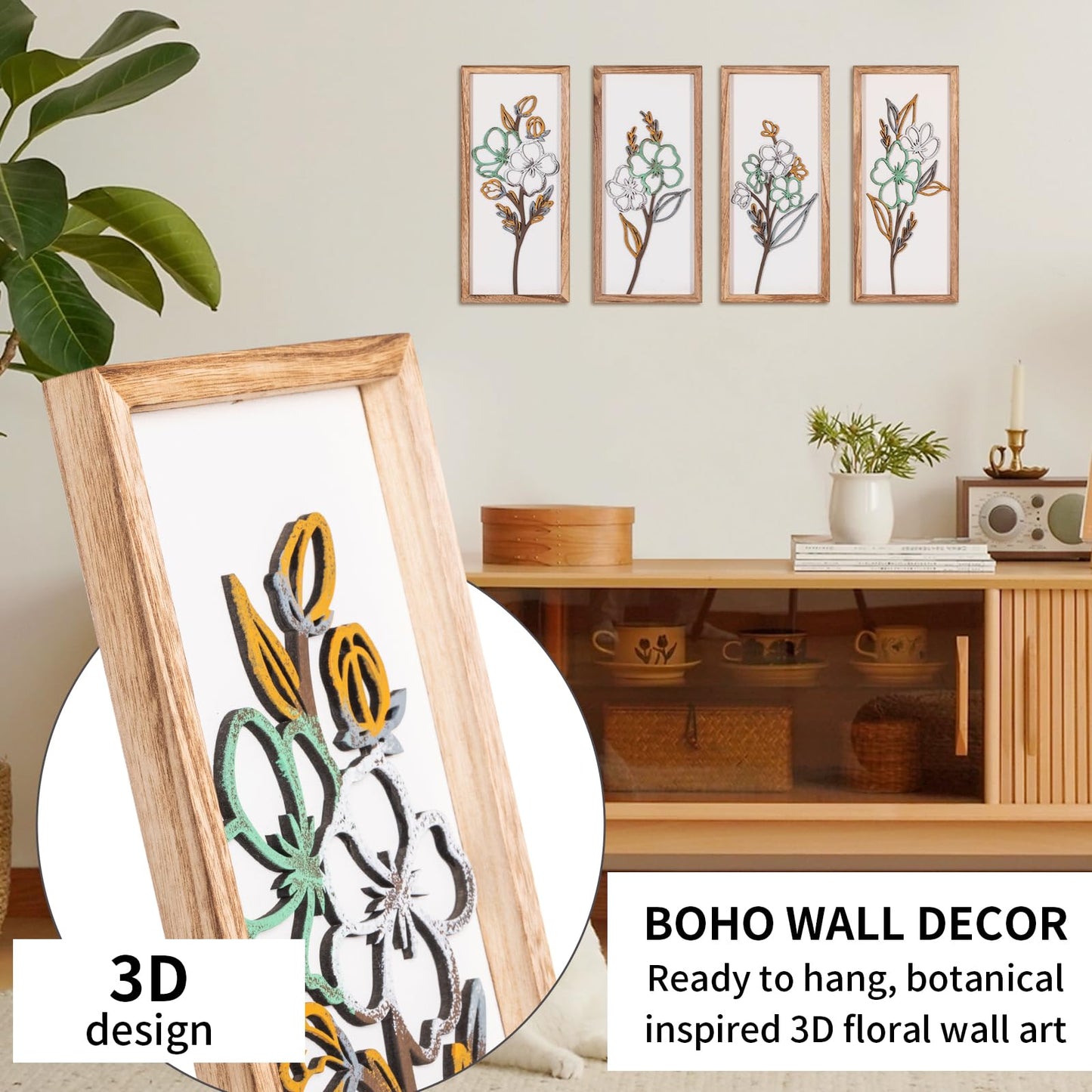 3D Wooden Framed Floral Wall Art 16 inch Ready-to-Hang Set Stylish Painting for Bathroom Living Room Kitchen Boho Botanical Farmhouse Decorations Gift Idea
