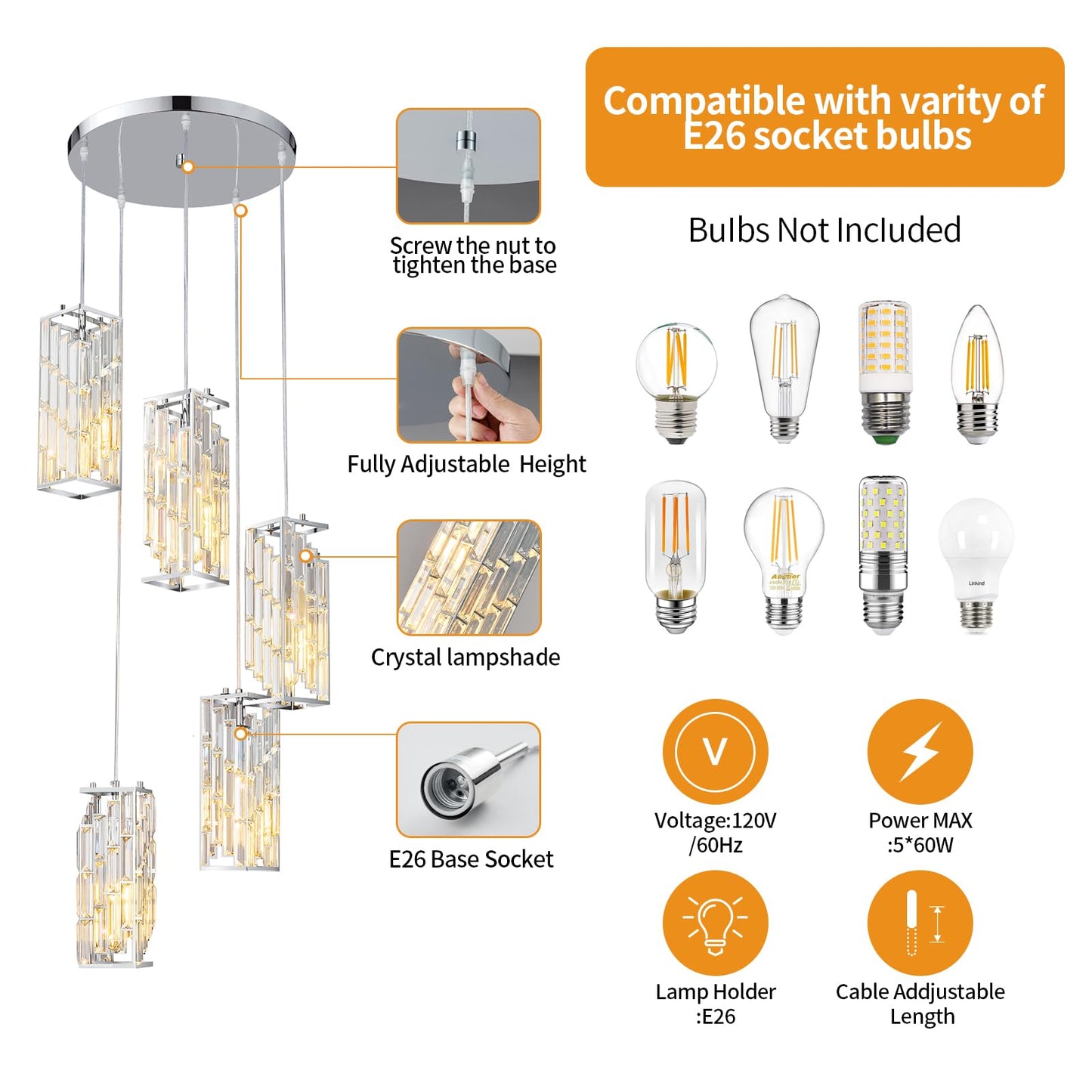 FDPBY Chrome Pendant Lighting Modern Pendant Light, Mini Crystal Chandeliers,Adjustable Pendant Light Fixture for Kitchen Island Dinning Room Bedroom (5 Light)