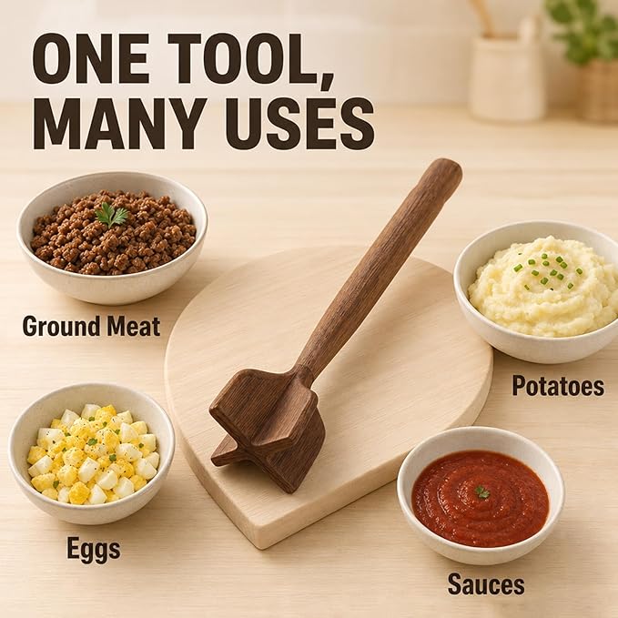 Teak Wooden Meat Chopper 3-Piece Set, Ground Beef Masher,Burger Crusher, Natural Non-Stick Durable Meat Hammer, Includes Wooden Scraper and Cleaning Brush