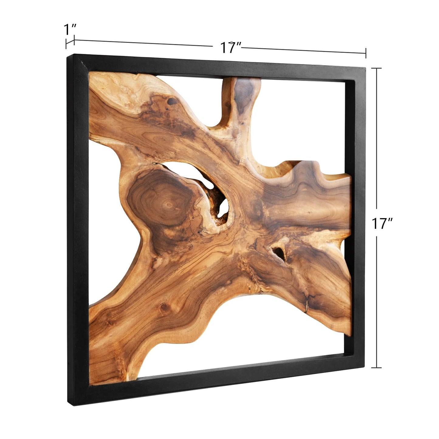JOLLYMER Live Edge Teak Wood Wall Decor, Rustic Wooden Wall Art, Handcrafted Home Decoration for Living Room Bedroom Office, 17"x17" Black Frame