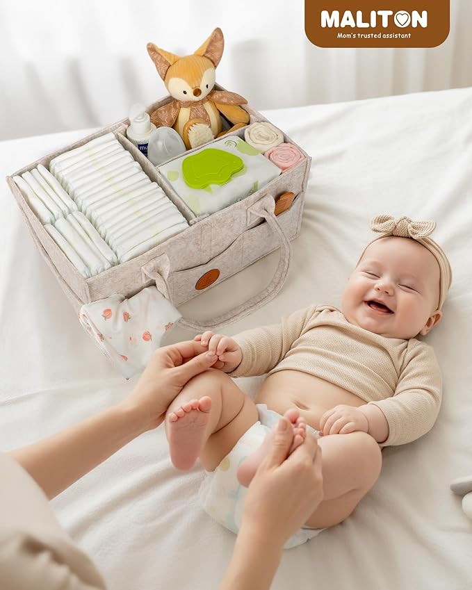 Maliton Baby Diaper Caddy Organizer for Changing Table, Nursery Storage Bin Basket with Handle, Felt Diaper Organizer Suitable for Indoor Outdoor (Khaki)