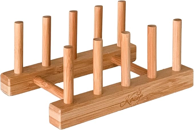KOZY Dish Drying Rack Handmade Dishware Plate Holder Natural Bamboo Drainer Stand - Wooden Finish- Holds Plates Bowls Mugs Cups Cutting Board (Natural Bamboo- Plate Holder)