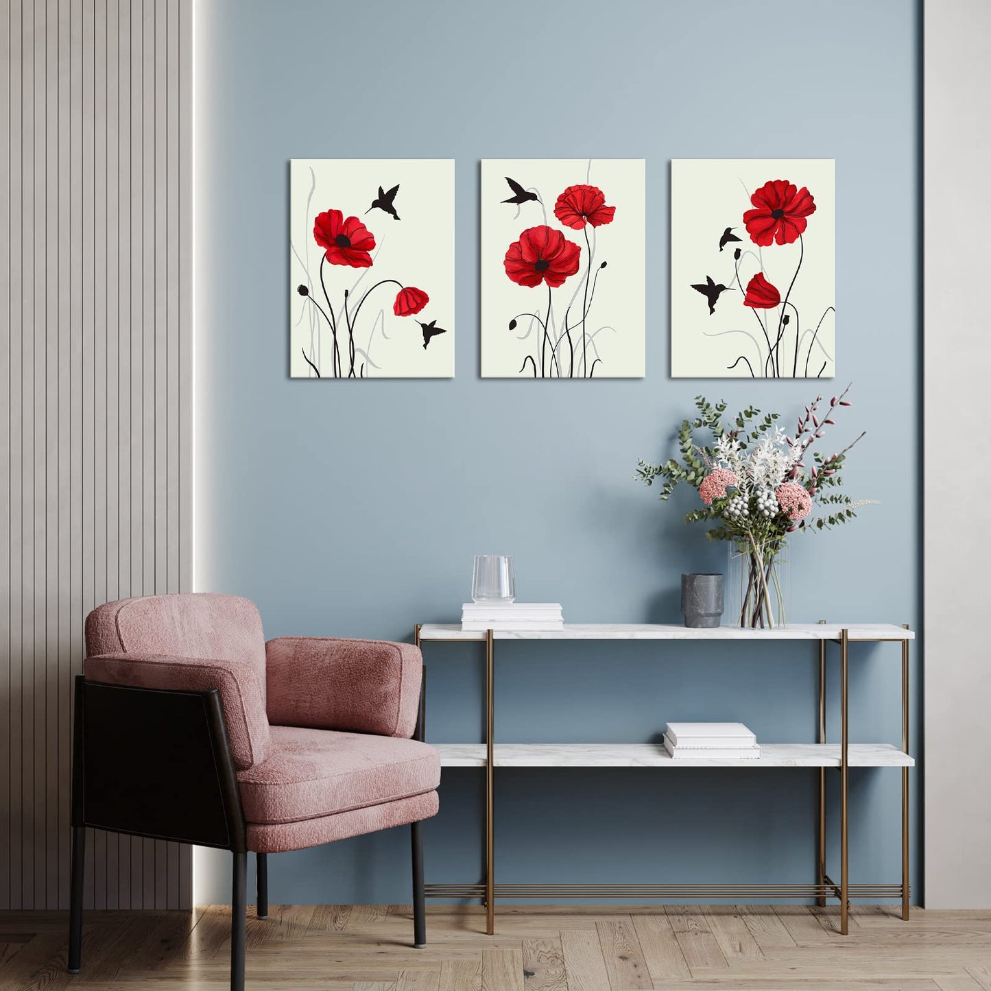 Biuteawal 3 Panels Red Poppy Picture Prints on Canvas Hummingbird with Flower Painting Wall Art Retro Flower Artwork Home Dining Room Bedroom Bathroom Framed Ready to Hang