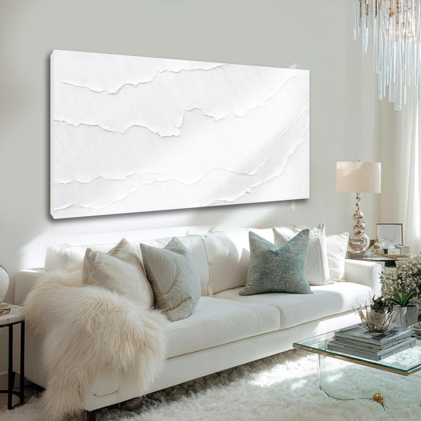 WINKAILIN White Abstract Textured Wall Art Modern 24x48 inch Canvas Ocean Wave Artwork Minimalist Hand-drawn Painting Contemporary White Posters Print for Living Room Bedroom Office Décor
