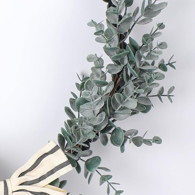 Wood Bead Eucalyptus Leaf Wreaths - 13 Inch Natural Greenery Wreaths Boho Wall Hanging Decoration for All Season Bedroom Room Rustic Farmhouse Home Indoor Outdoor Window Decor