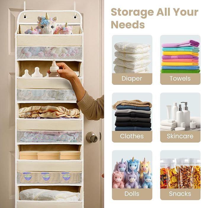 Space Saving Over The Door Organizer,5 Shelves & 8 Side Pockets,Anti Tilt Hanging Behind Door Storage,Heavy-Duty Reinforced Mesh Rack Holds 44lb for Bathroom,Pantry, Nursery,Closet, Shoes, Towels