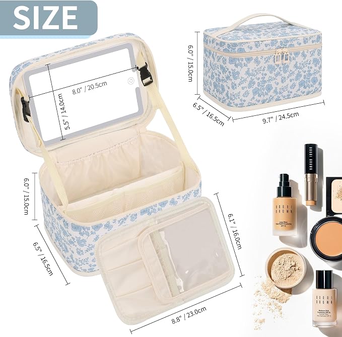 Makeup Bag With LED Mirror, Lightweight Travel Makeup Bag With 3 Color Setting Light Up Mirror Cosmetic Makeup Organizer Vanity Case for Women Beauty Tools Accessories Rechargeable Train Case-Floral