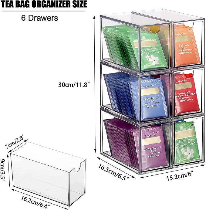 ELLDOO 6 Drawers Tea Bag Organizer, Clear Acrylic Stackable Tea Bag Storage Holder for Kitchen Pantry, Coffee Pod Snack Storage for Countertop Cabinet