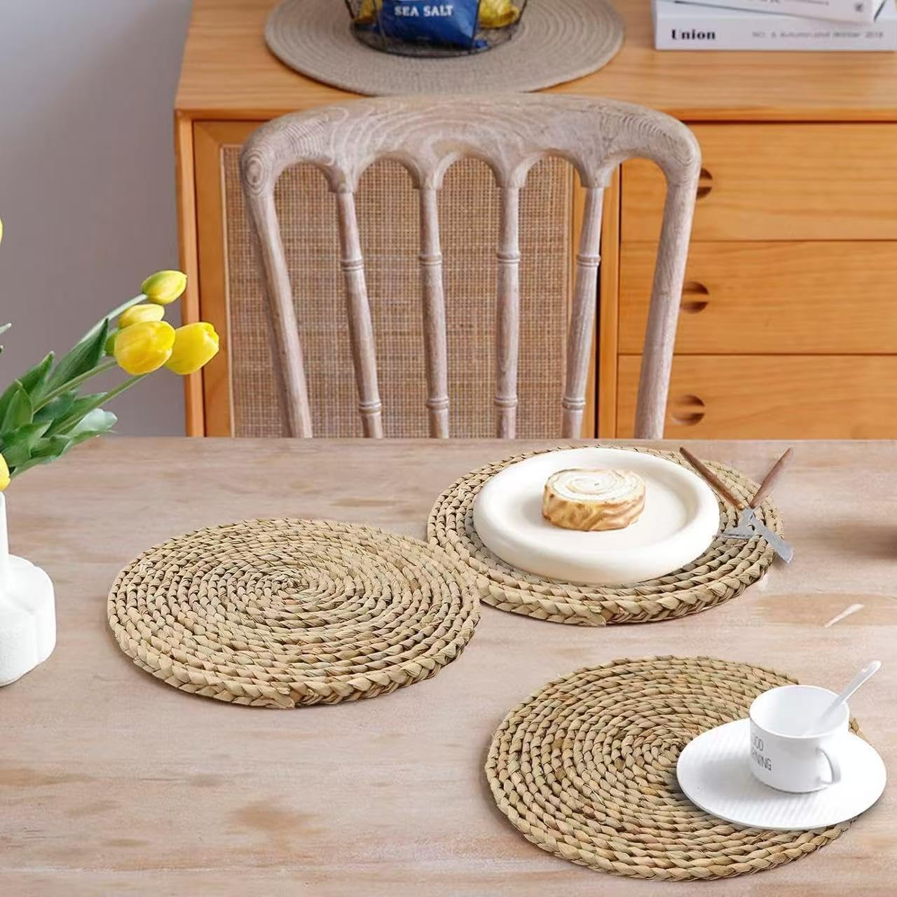 6Pcs 12" Round Woven Rattan Placemats,Natural Hand-Woven Water Hyacinth Placemats,Farmhouse Weave Place Mats,Rustic Braided Wicker Table Mats (12inch Set of 6)