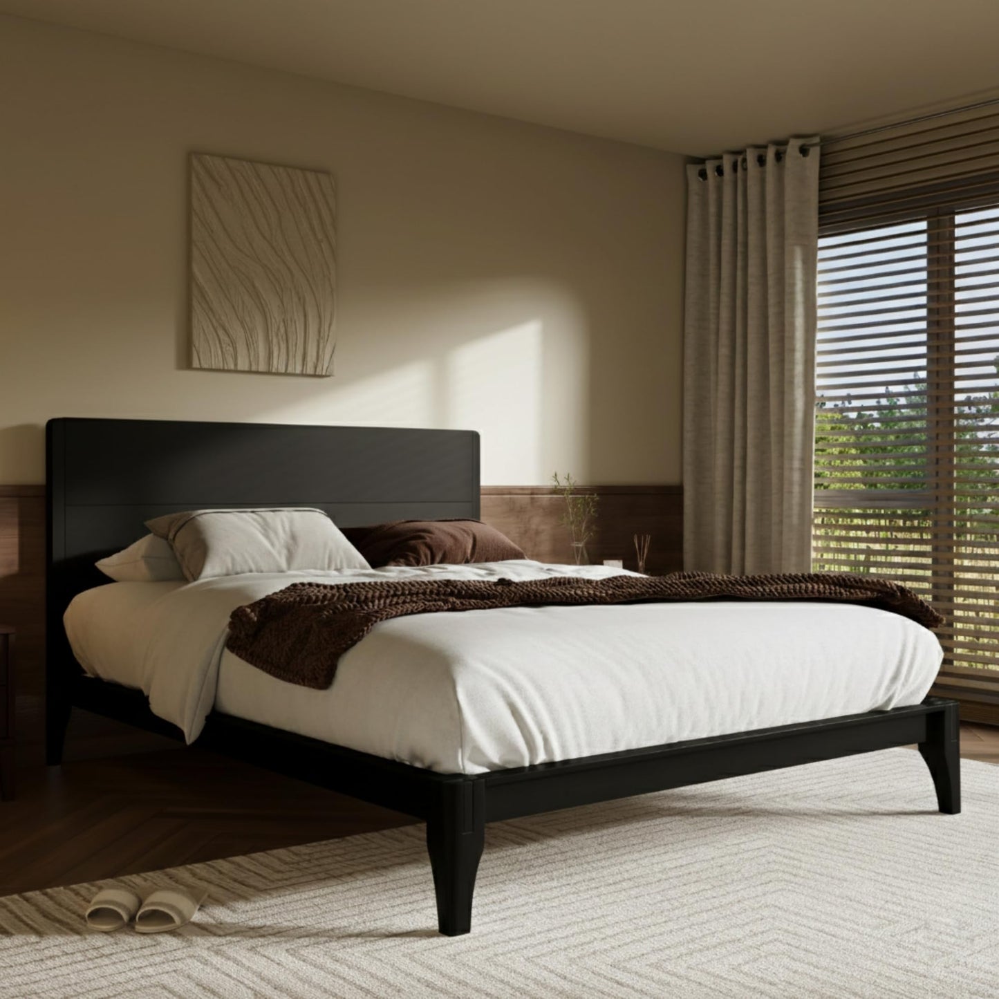 Merax Full Size Bamboo Platform Bed, Mid-Century Modern Bed Frame with Tall Headboard, Solid Sustainable Bedframe Full-Size, Wood Slat Support, No Box Spring Needed, Easy Assembly, Noise Free, Black