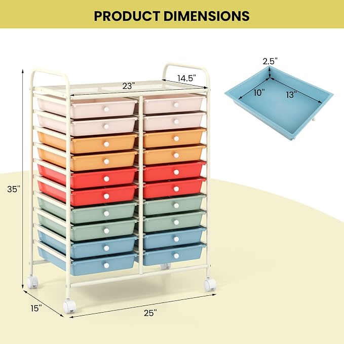 COSTWAY 20-Drawer Rolling Storage Cart, Multipurpose Storage Trolley on Wheels for Home Office, School, Macaron