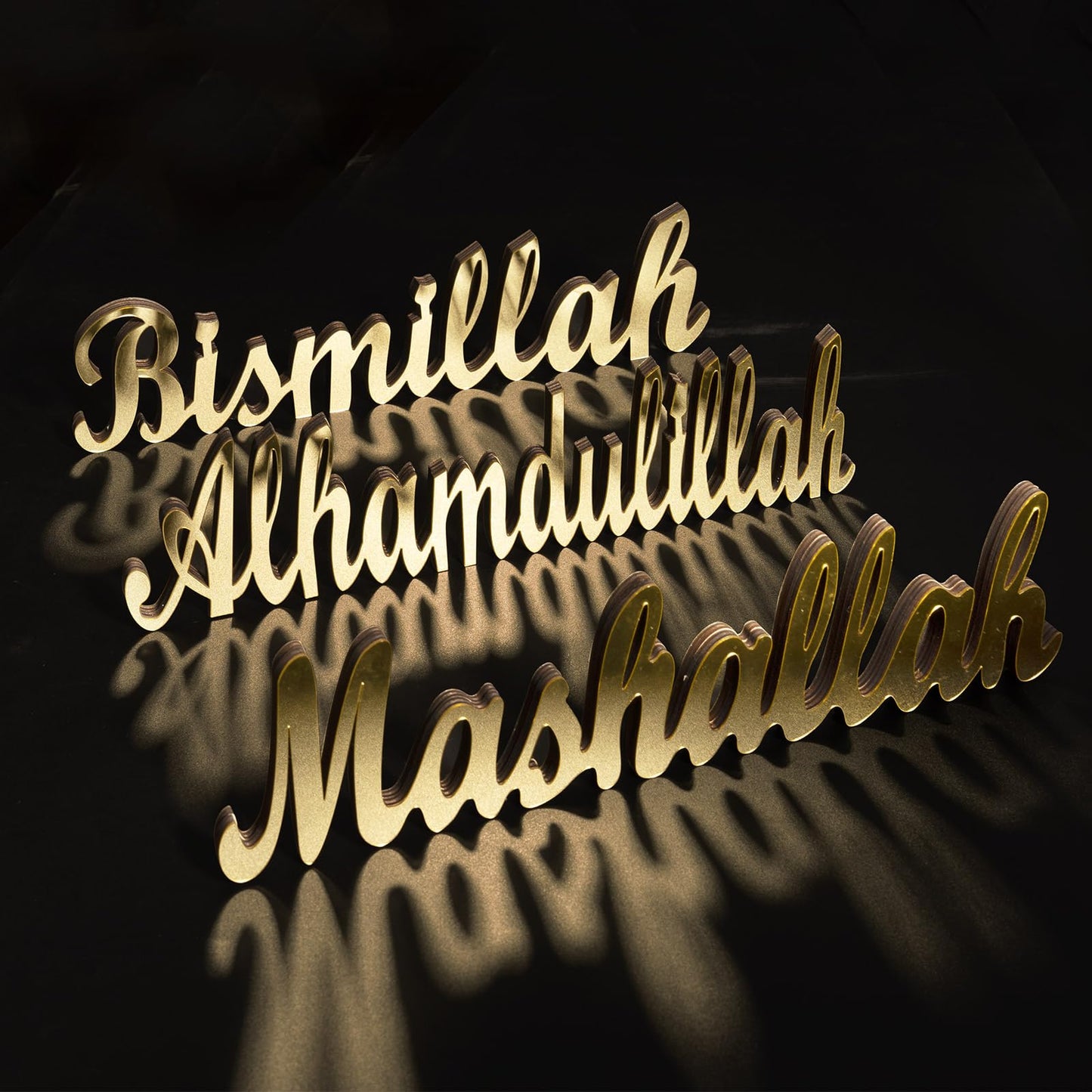 flangairy 3 Pcs Ramadan Decorations Home 2026, Wooden Gold Acrylic Bismillah Alhamdulillah Mashallah Sign, Wood Eid Mubarak Islamic Allah Table Stand Fireplace Office Desk Mosque Decor, Muslim Gifts