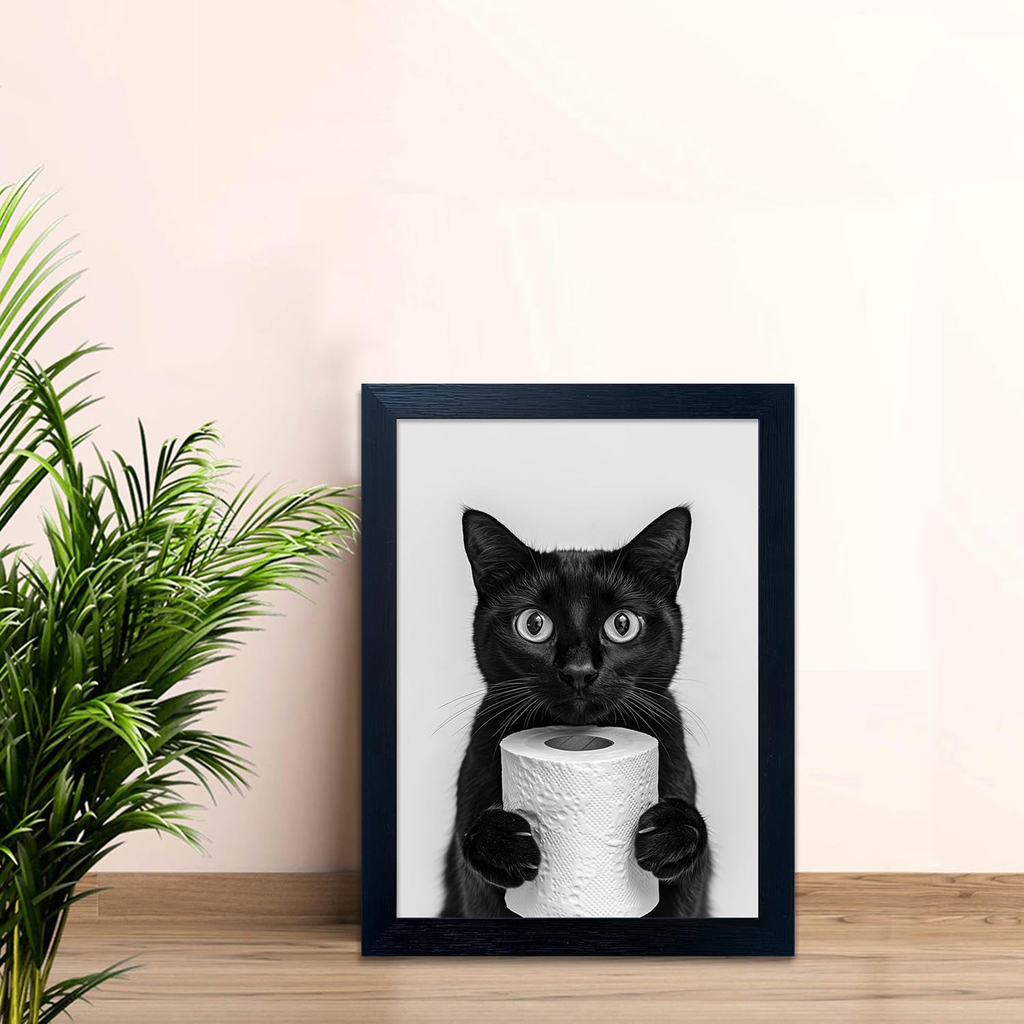 Framed Funny Black Cat Holding Toilet Paper Roll Canvas Print Poster Black and White Bathroom Wall Art Animal Painting Bathroom Pictures Wall Decor