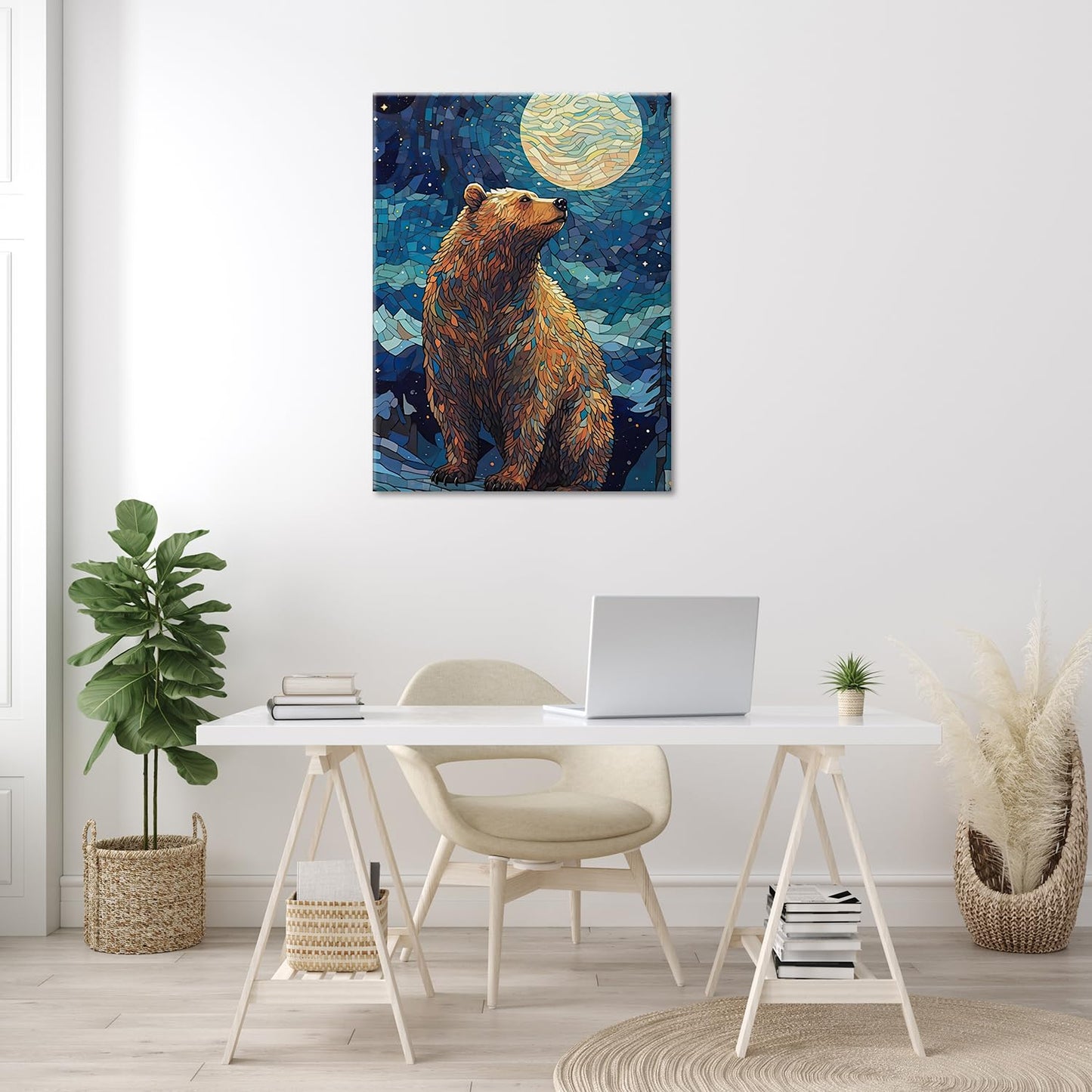 Mosaic Bear Wall Art,Starry Sky Dreamy Constellation Animal Canvas Print,Kid's Room Colors Wall Art,Wildlife Nature Home Decor,Modern Canvas with Framed Canvas Print,Framed 12 X 16in