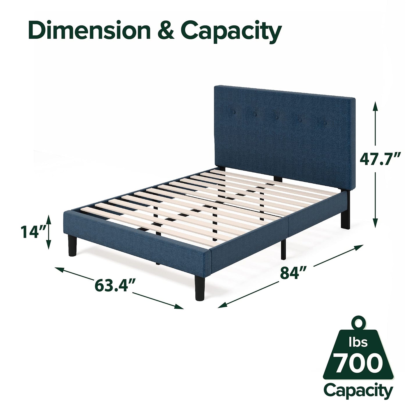 Zinus Omkaram Upholstered Platform Bed Frame, Mattress Foundation, Wood Slat Support, No Box Spring Needed, Easy Assembly, Queen