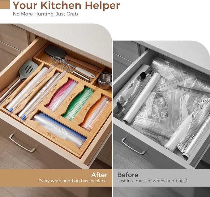 6 in 1 Storage Bag Organizer Kitchen Drawer, Bamboo Foil and Plastic Wrap Dispenser with Slider Cutter, Kitchen Bag Organizer for Quart, Gallon, Sandwich and Snack Bags