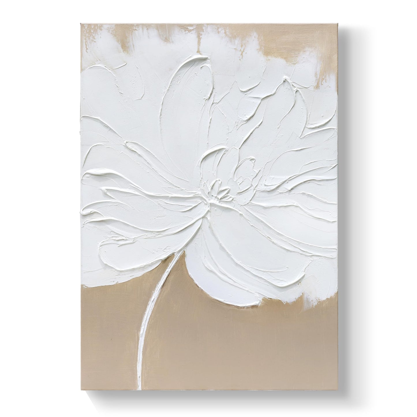 Artaanchuil Hand Painted White Flower Texture Wall Art - 28x40 Inch Beige Canvas Abstract Oil Painting Vertical Modern Artwork for Living Room Wall Decoration