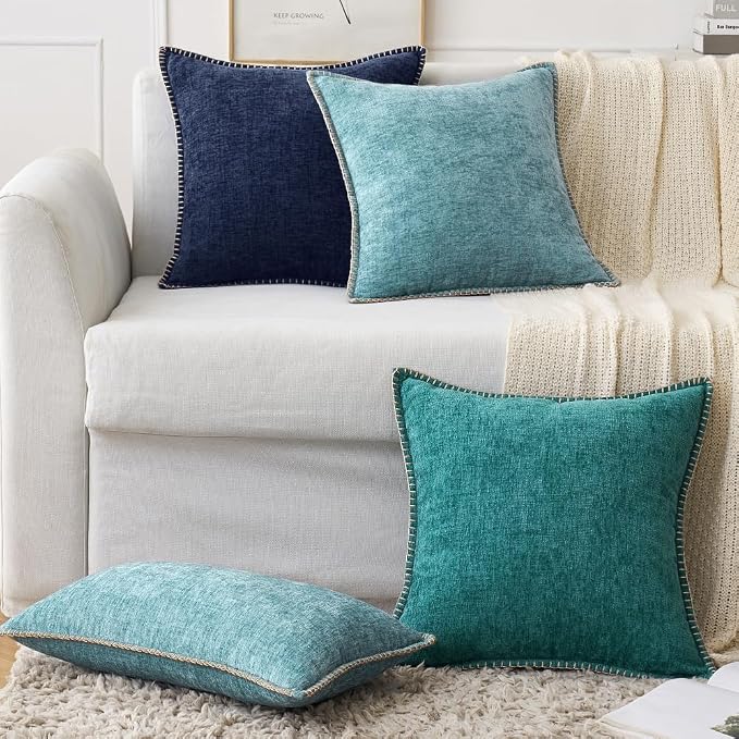 MIULEE Pack of 2 Euro Sham Pillow Covers 24x24 Inch Navy Blue Farmhouse Decorative Throw Pillow Covers with Stitched Edge Soft Chenille Solid Dyed Pillow Covers for Bed Sofa Couch Living Room