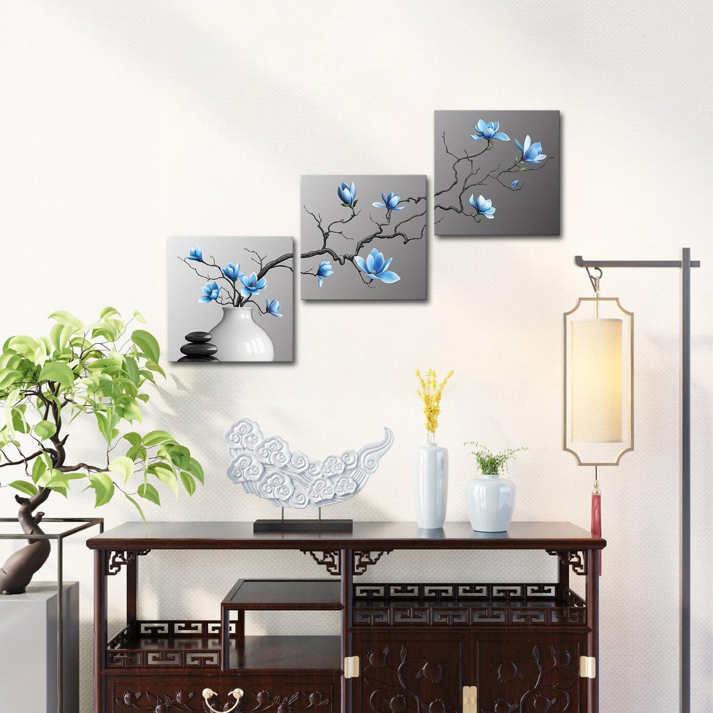 Artsbay Magnolia Wall Art Blue Floral Canvas Prints Zen Stones Picture for Bathroom Bedroom Living Room 12" W x 12" H x 3PCS