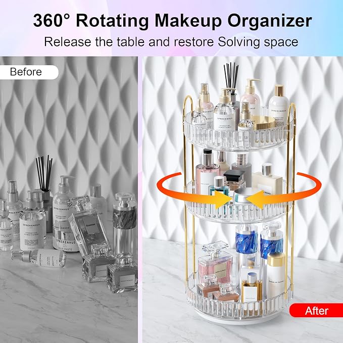 GTI 360°Rotating Makeup Organizer, 3 Tier Large Capacity Perfume Cosmetics Skincare Vanity Organizers,Bathroom Counter Organizer, Dresser Spinning Countertop Organizer and Storage for Women (Clear)