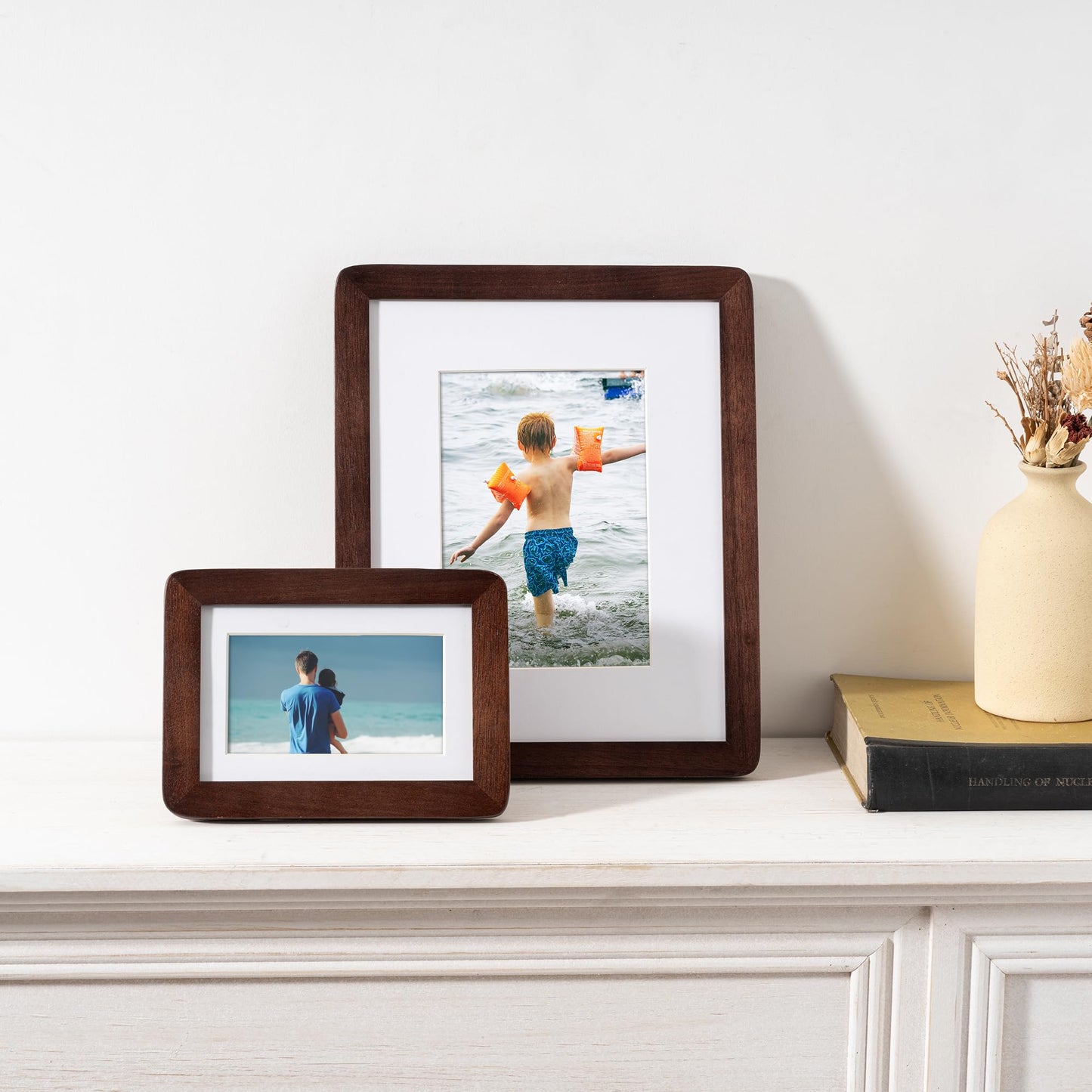 FLYJOE 4x6 Picture Frame - Solid Walnut Wood Frame 4x6 with Mat for 3.5x5, 4''x6''Photo Frame,Tabletop and Wall Display, Hanging Hardware Included, 4 By 6 Picture Frame Wood, Natural Walnut