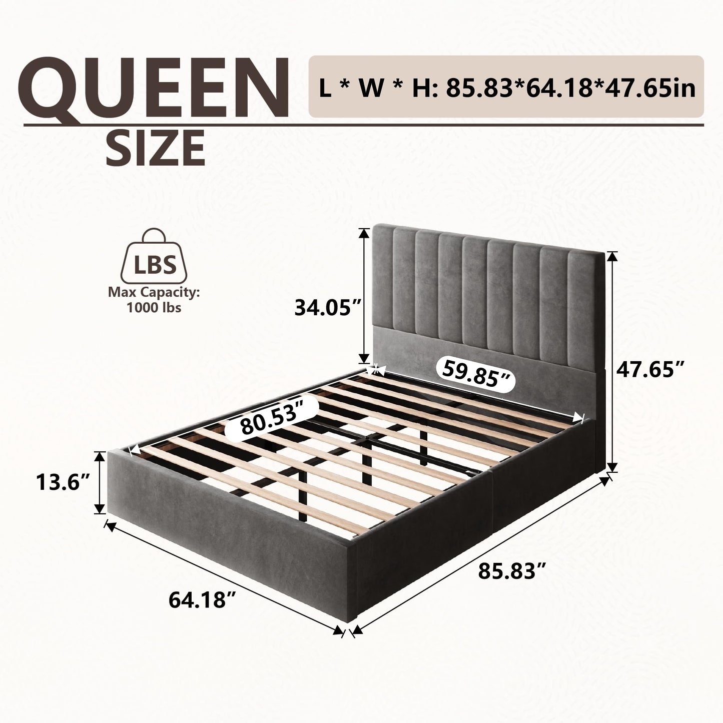Sismplly Queen Size Cloud Bed Frame with 47" Tall Headboard, Velvet Upholstered Platform Bed with Thickened Sides & Footboard, No Box Spring Needed, Easy Assembly, Dark Gray