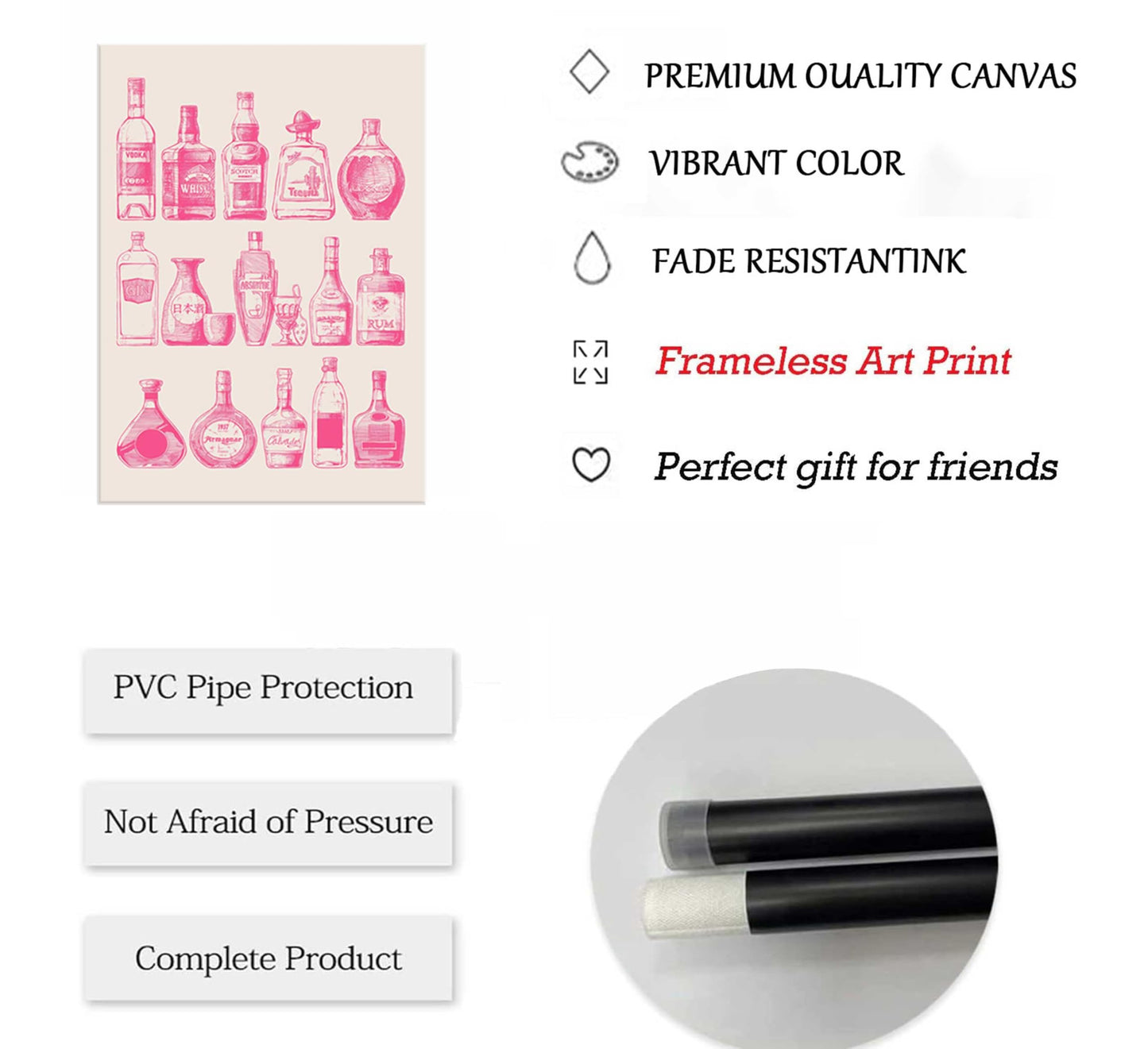 3Pcs Pink Bar Cart Wall Art Coquette Trendy Alcohol Bottles Poster Pictures Retro Cocktail Cheer Canvas Painting Girly Preppy Alcoholic Beverage Wall Decor Funky Cocktail Wiskey Prints Unframed