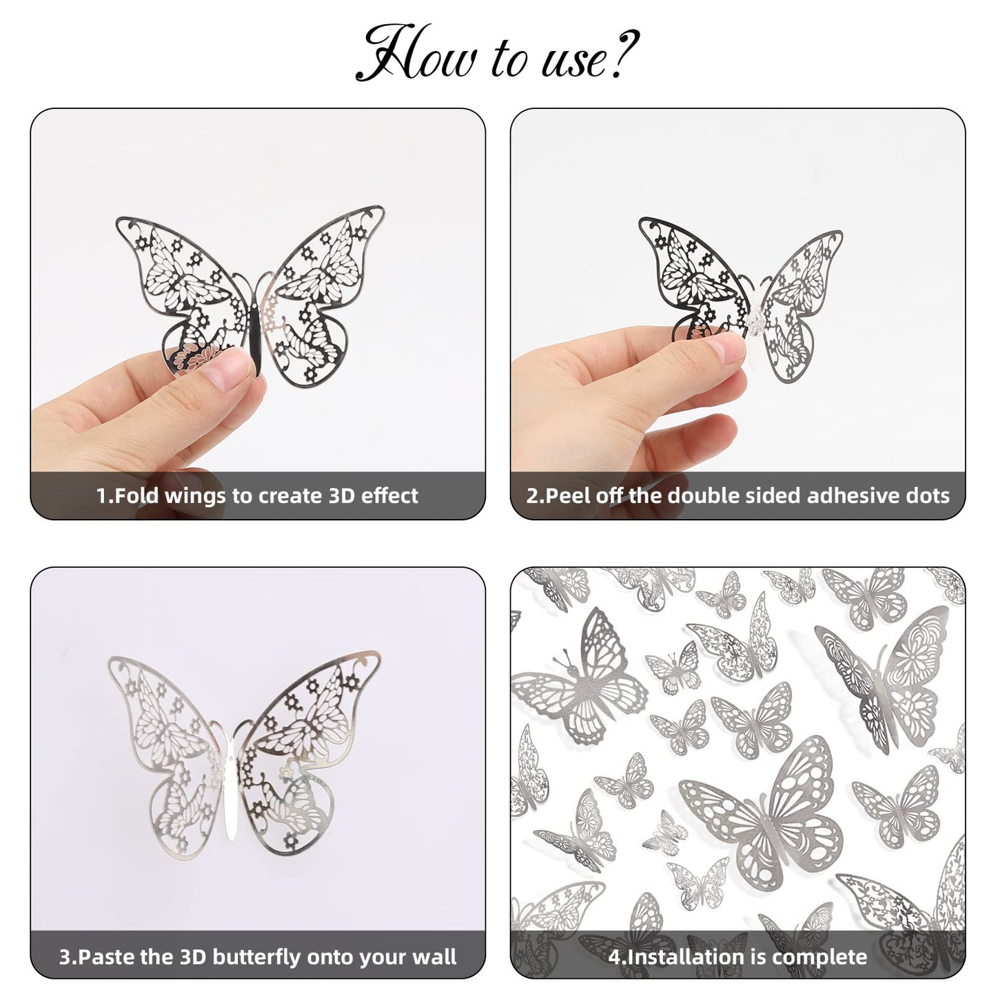 144 Pcs 3D Butterfly Wall Stickers Decor 6 Styles 3 Sizes, Silver Removable Butterfly Decals Room Wall Decor for Kids Nursery Classroom, Wedding, Party, Baby Shower