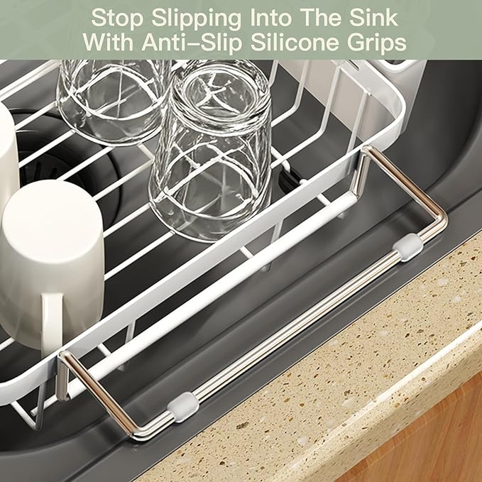 MAJALiS White Dish Drying Rack Over The Sink, Expandable Stainless Steel Dish Drainer for Small Kitchen Counter Space Saving, RV Compact Plate Strainer in Metal with Hanging Adjustable Utensil Holder