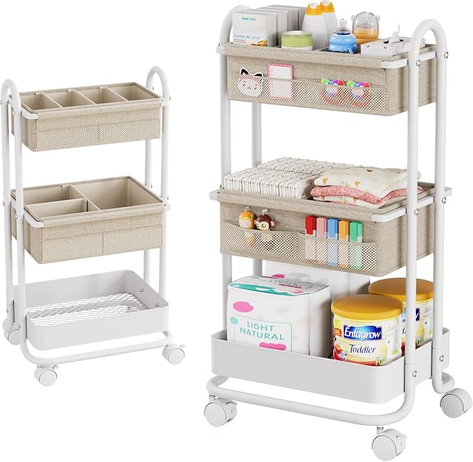 Modanais Baby Diaper Caddy Organizer Cart - 3 Tier Rolling Storage Cart with Wheels, Baby Essentials Nursery Storage, Detachable Dividers - for Crib, Bedroom, Art & Craft Organizer (Off White)