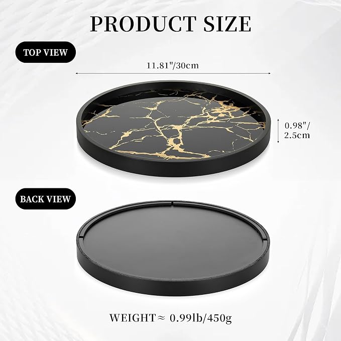 Hanobe Decorative Tray for Home Decor: Black Imitation Marble Round Serving Tray 11.8" Modern Coffee Table Centerpiece for Display Bar Table Living Room Entryway Kitchen Corner