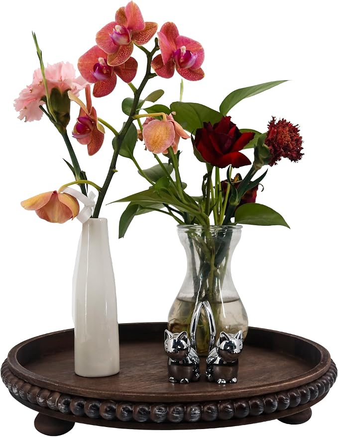 FramePro Decorative Tray 12in Round Wood Beaded - Brown Serving Tray Risers for Living Room, Coffee Table, Kitchen or Farmhouse Display