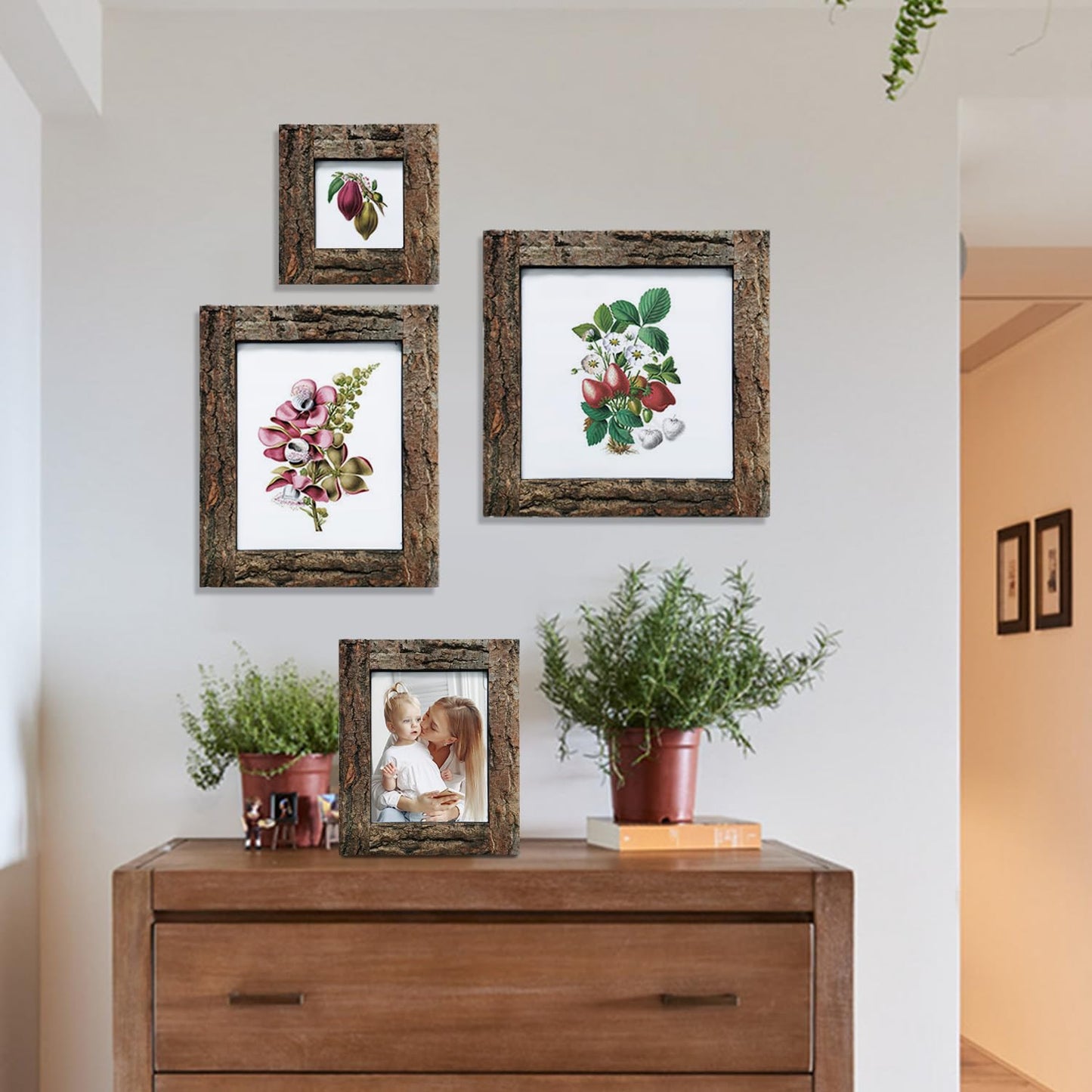 IKEREE 5x7 Rustic Picture Frames with Real Bark, Made of Natural Wood and Real Glass, Display Pictures for Tabletop or Wall Mounting.