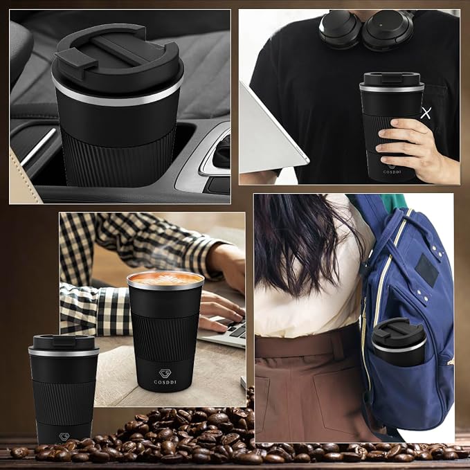 CS COSDDI 12 oz Stainless Steel Insulated Coffee Tumbler, Spill Proof Travel Mug with Lid for Hot & Cold Drinks, Car Cup Holder Friendly, Black