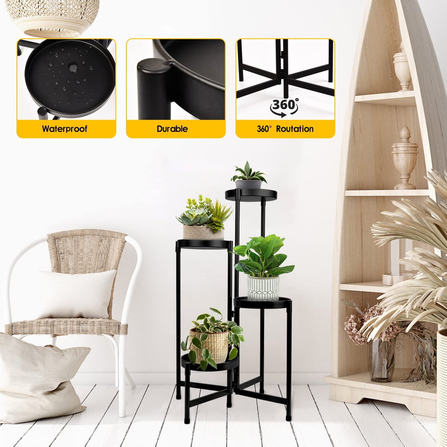 HOEGMST 4 Tier Plant Stand Indoor Outdoor, 31 Inch Tall Metal Plant Shelf Waterproof, Plant Holder with Folding Design For Home, Living Room, Black