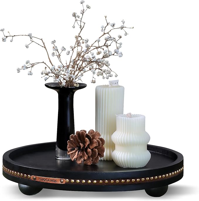 Farmhouse Decorative Round Tray, 11.81 Inch, Versatile Centerpiece Tray for Coffee Table Kitchen Living Room Bathroom, Home Decor Accent Black