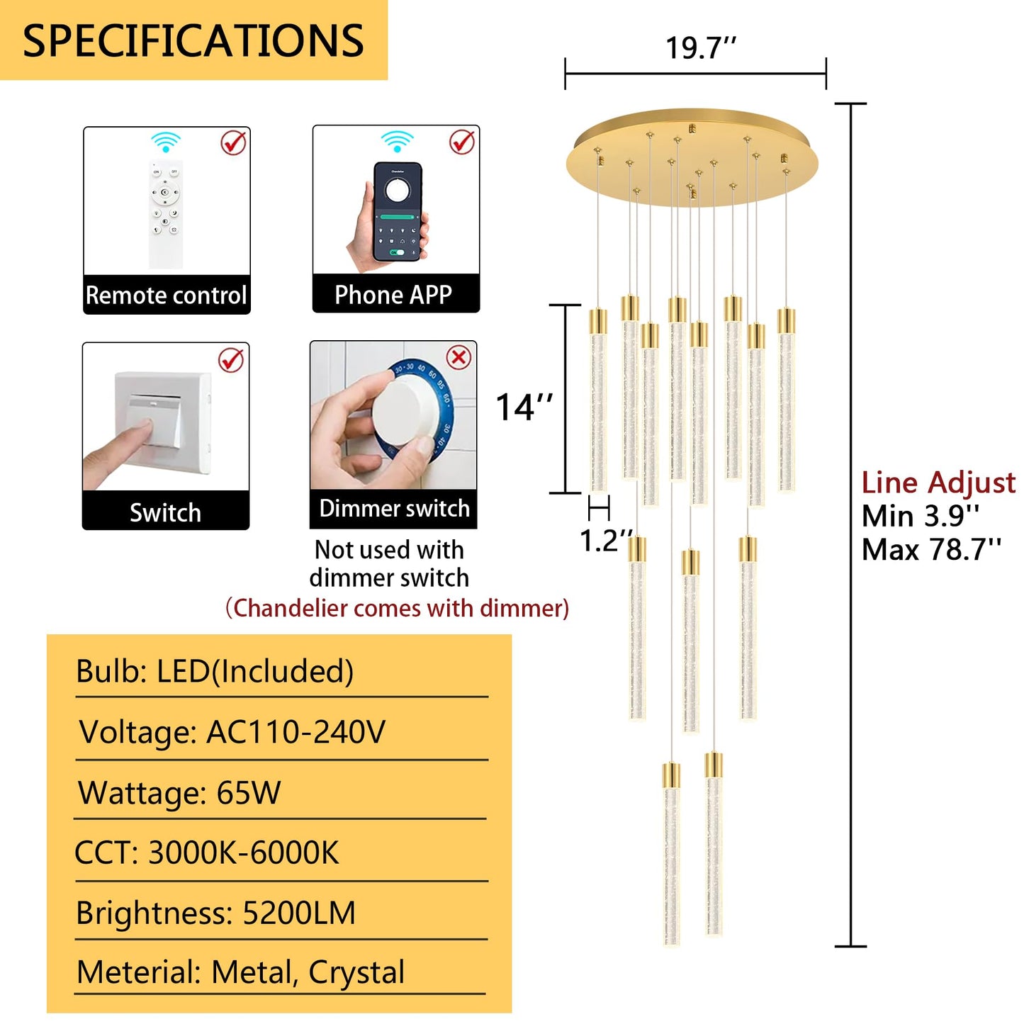 dolria 13-Light Long Large Modern Led Crystal Chandeliers Modern Spiral Chandeliers High Ceilings Chandelier for Staircase Foyer Gold