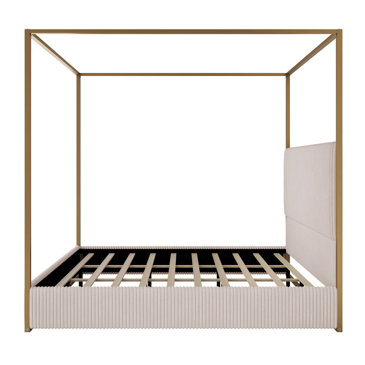 Merax Modern Luxury King Metal Canopy Bed with Tall Upholstered Headboard, Gold Four Poster Bed, No Box Spring Needed, Beige