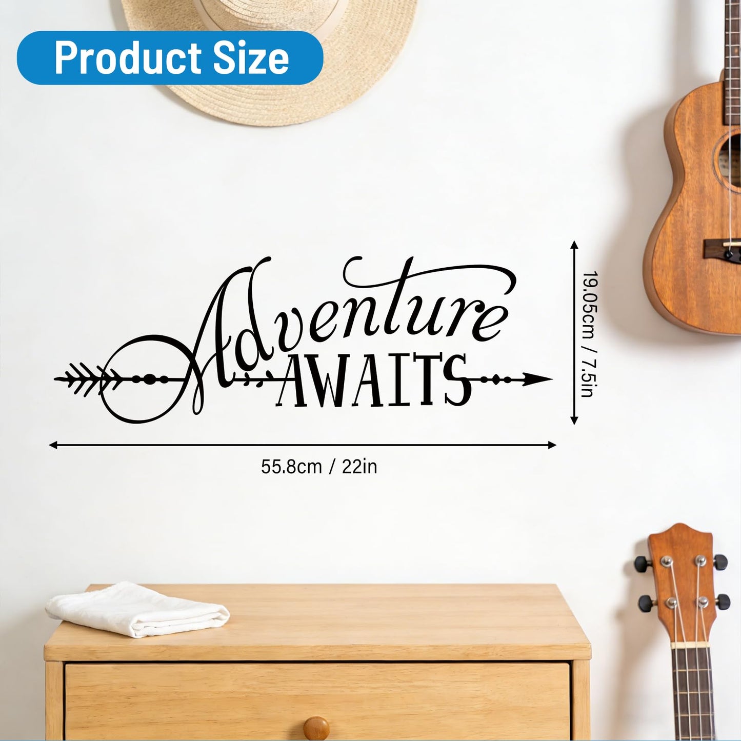 BATTOO Adventure Awaits Wall Decal Quote, Vinyl Lettering with Arrow, Adventure Quote Travel Wall Decal Sticker 22" W 7.5" H, Tribal Theme Room Decor, Black