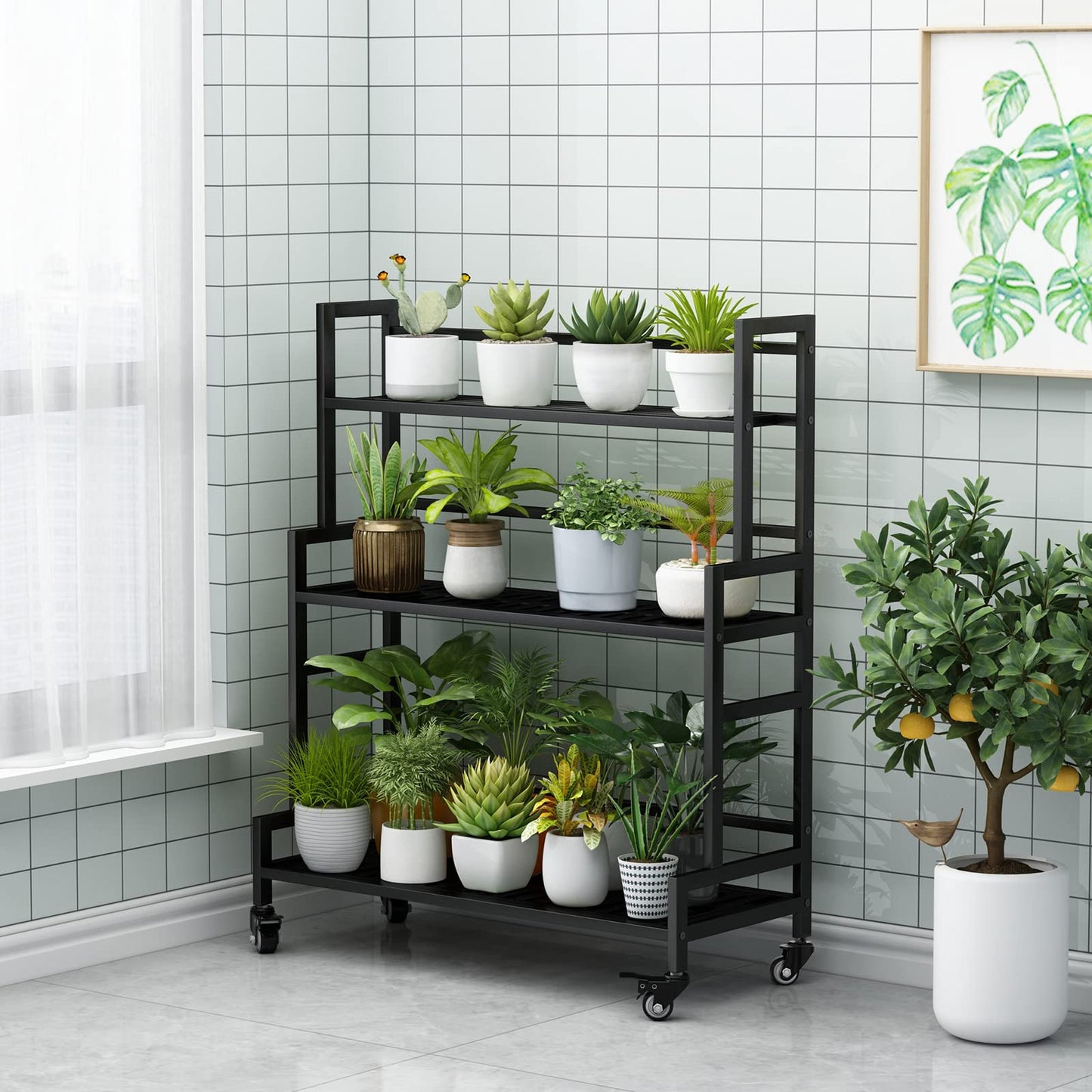 YIZAIJIA YIZAJIA Plant Stand Indoor 3 Tier Metal Outdoor Tiered Stands Shelf With wheel for Multiple Plants Potted Ladder Plant Holder Table Plant Pot Stand for Window Garden Balcony Living Room