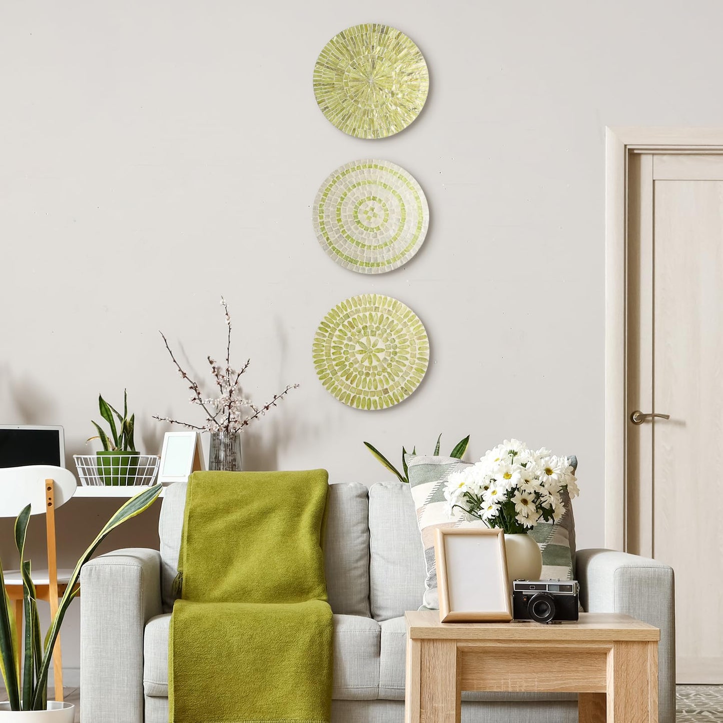 Tioncy 3 Pcs 11.8 Inches Spring Lime Green Mother of Pearl Shell Plate Lime Green Wall Art Mosaic Wall Sculpture Shell Handmade Hanging Plates Arts for Bedroom Bathroom Home Office Hotel