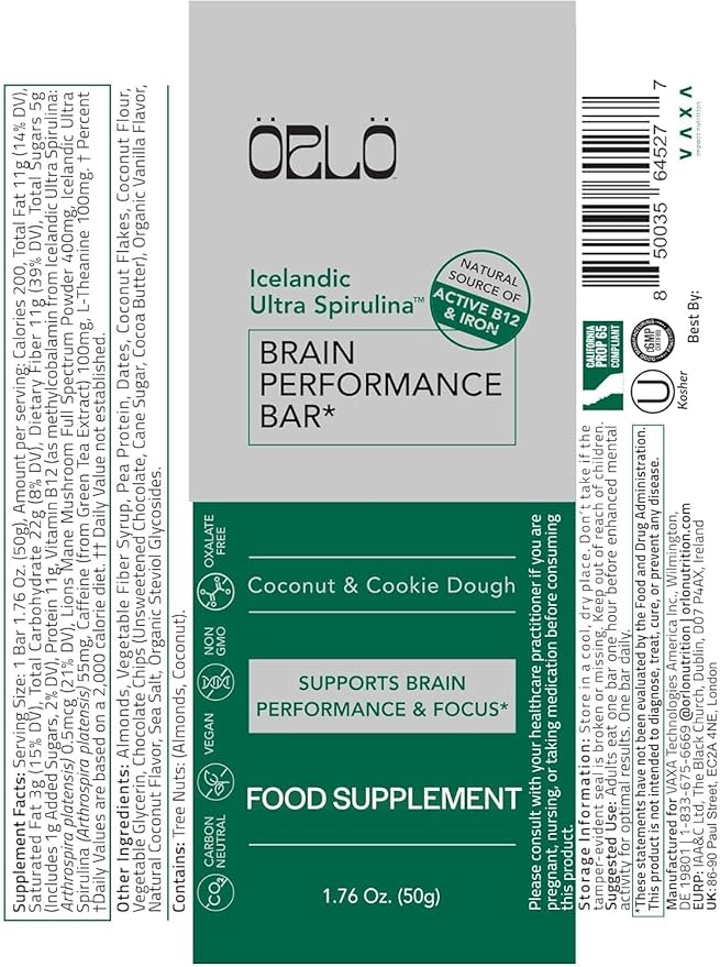 ORLO BRAIN PERFORMANCE BAR ??Vegan Protein Bars for Brain & Energy Support ??Focus & Memory, Pre & Post Workout Recovery ??Gluten Free Snack with L-Theanine, Lions Mane, Spirulina & More (SINGLE BAR)
