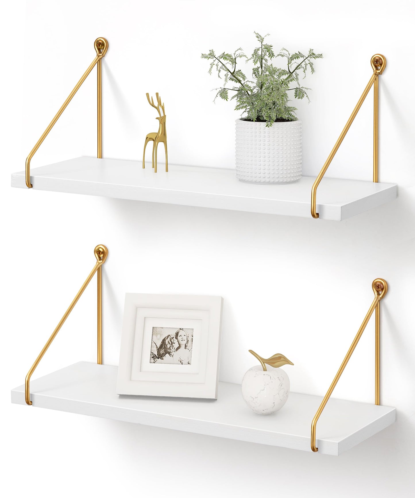 Afuly Floating Shelves for Wall, Metallic Gold White Wall Mounted Shelves, Shelves for Bathroom Kitchen Bedroom Solid Wood Metal Chic Bookshelf, Set of 2