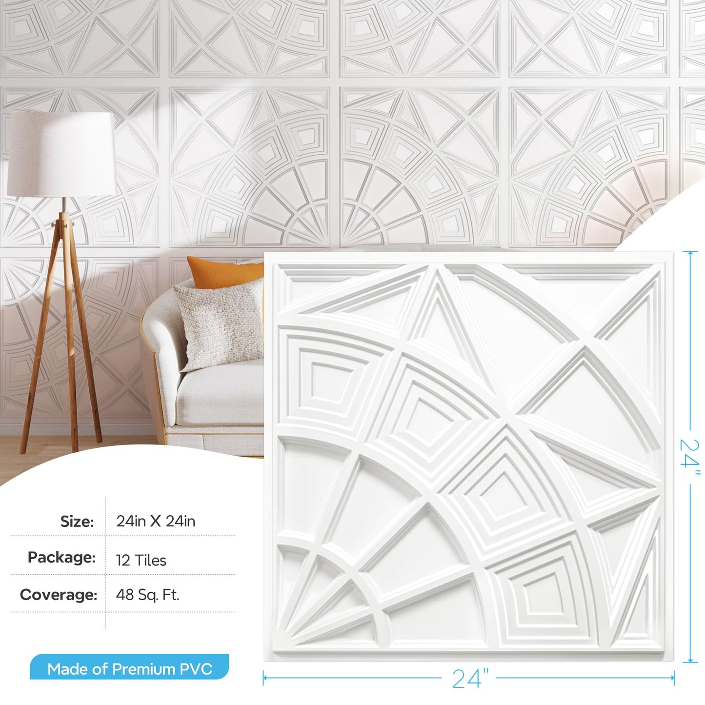 STICKGOO 3D Ceiling Tiles 24"x24", Modern Geometric Textured PVC Panels, Waterproof & Recyclable Drop or Glue-Up Decorative Ceiling Tiles for Home & Commercial Use (12 Pack, White)