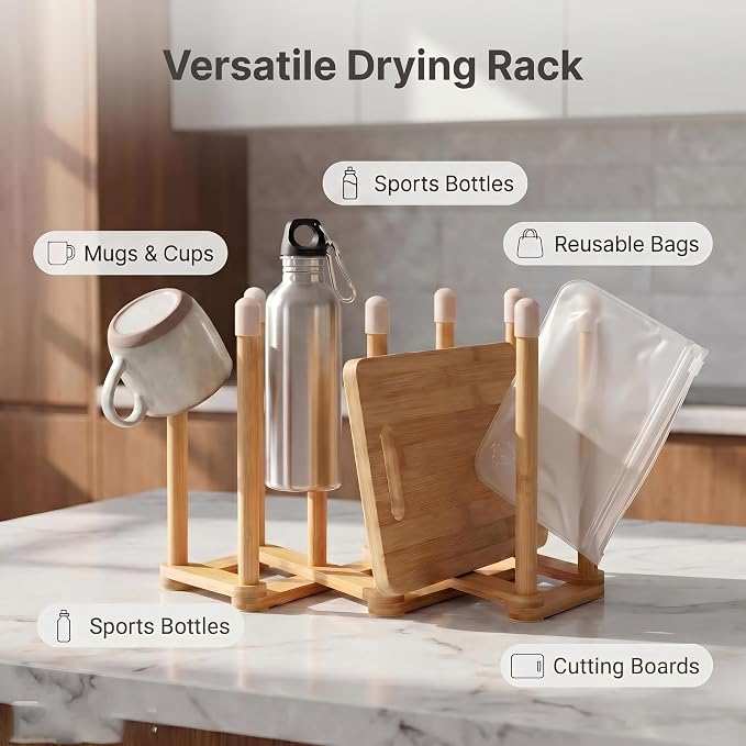 Bamboo Retractable Bottle Drying Rack Cup Dish Drying Racks,Sports Water Bottle and Mug Drainer Stand, Plastic Bag Dryer Rack and Multifunctional Drying Rack for Kitchen Countertop