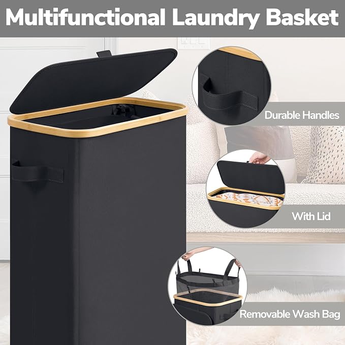 Goodpick Slim Laundry Basket with Wheels and Lid, 75L Rolling Laundry Hamper for Dorm Home Decor, Large Clothes Hamper with Bamboo Frame Removable Bag, Black, 17" x 9.8" x 29.5"