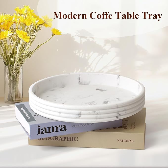 YMXYJM Round Decorative Tray - Modern Coffee Table Tray Decor, Resin Home Decor for Living Room & Bedroom. Multi-Functional Coffee Table Centerpiece with Anti-Slip Pads - 11x1.5 Inch Key Trays - White