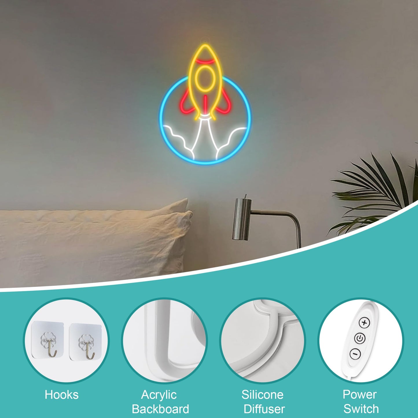 CoolGift Mart Rocket Neon Sign, LED Light Room Decor, USB Powered Light Up Space Element Universe Theme Decoration, for Bedroom Living Room Gaming Room Man Cave Home Party Birthday Gift for Teen Boys