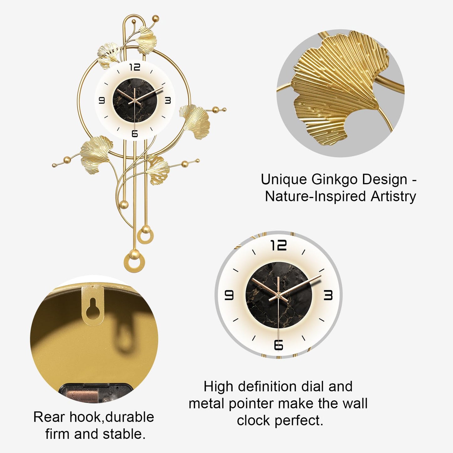 FIXNEO Wall Clock, Large Gold Wall Clock for Living Room Decor，Unique Office Clocks Battery Operated，Oversized Modern Wall Art for Bedroom,Farmhouse,Office Wall Decor 17.7 X 28.3 Inches